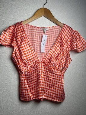 Topshop Orange and White Checkered V-Neck Puff Sleeve Blouse